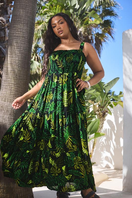 Yours YOURS Curve Black & Green Palm Print Shirred Tiered Maxi Dress