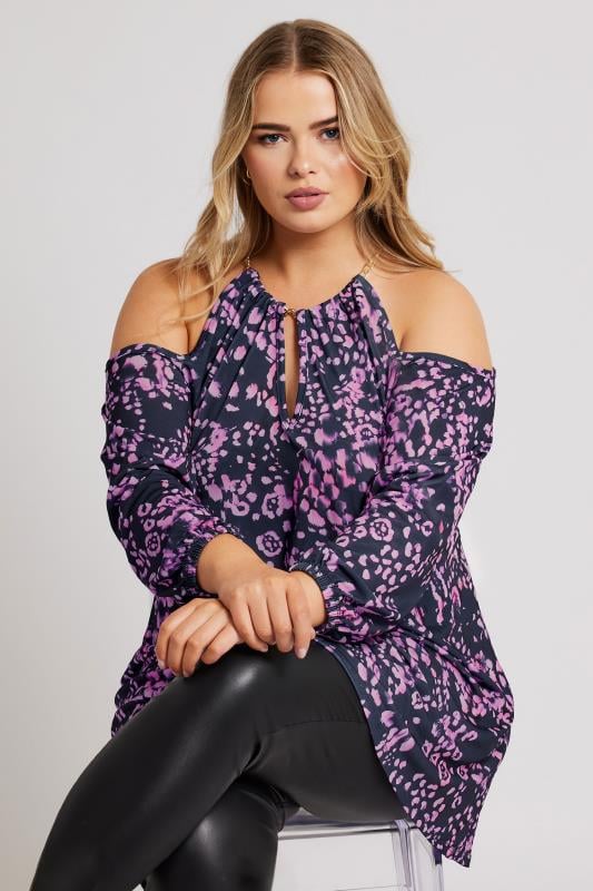 Yours London YOURS LONDON Curve Purple Animal Print Cold Shoulder Top