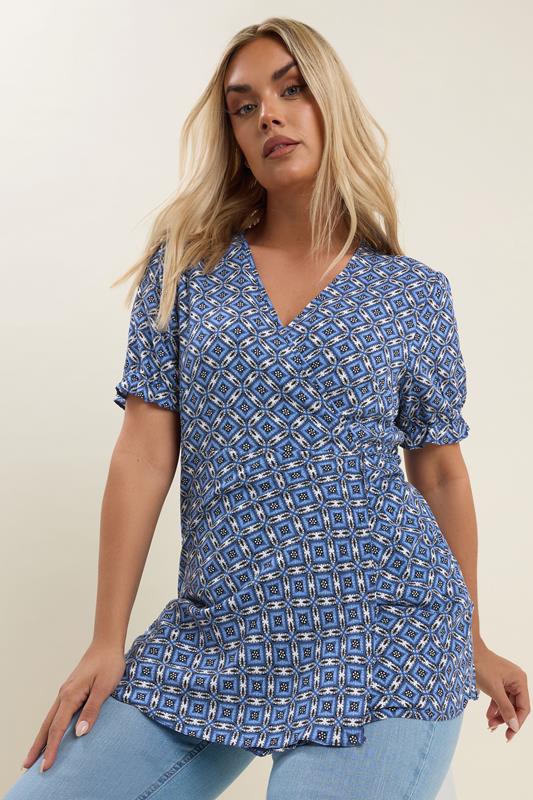 Yours YOURS Curve Blue Wrap Frill Sleeve Blouse