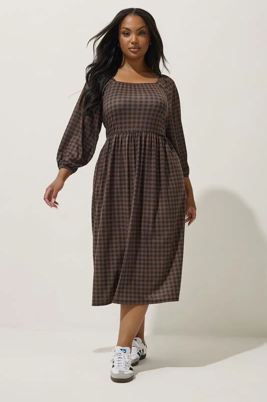 Limited Collection LIMITED COLLECTION Curve Brown Gingham Puff Sleeve Midi Dress