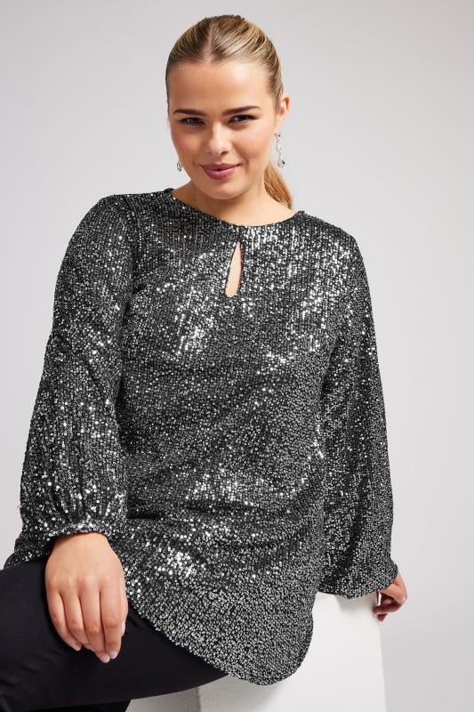 Yours London YOURS LONDON Curve Silver Sequin Keyhole Top