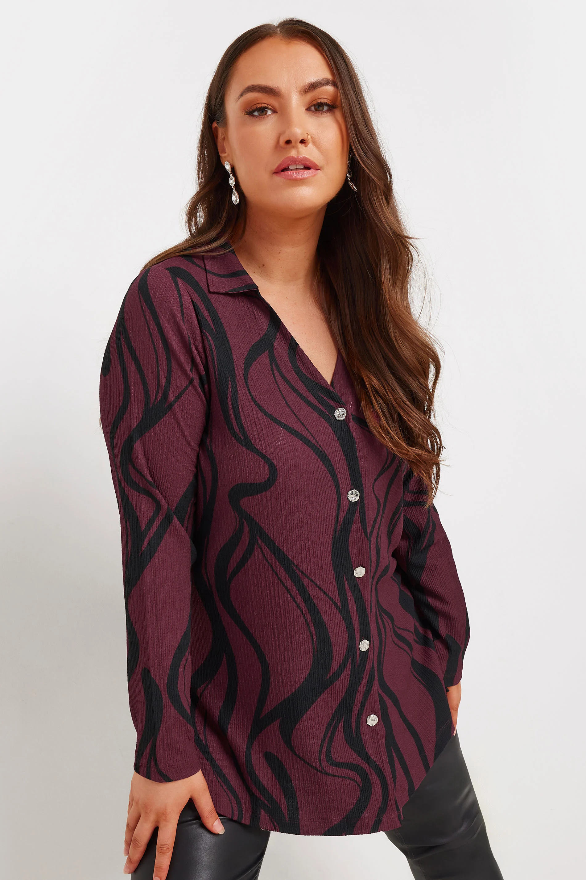 Yours YOURS Curve Burgundy Red Swirl Print Textured Shirt