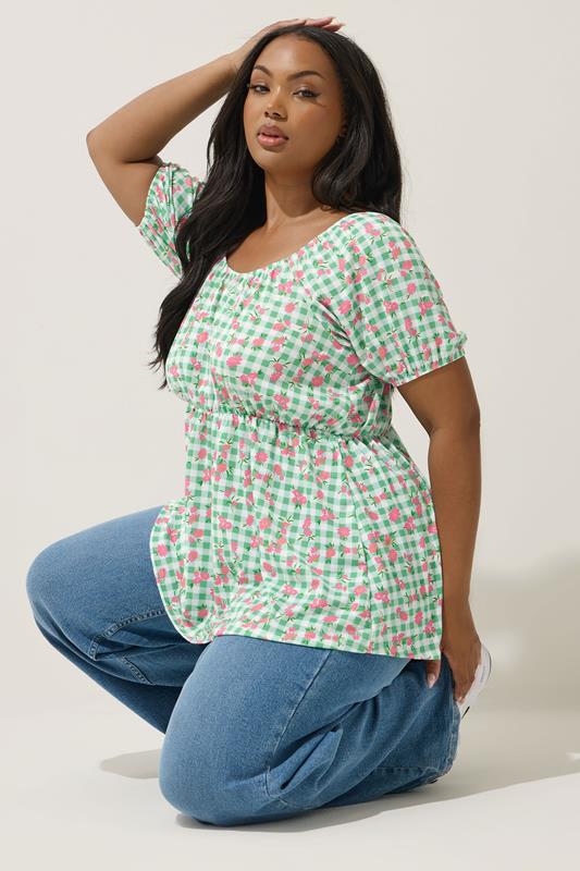 Limited Collection LIMITED COLLECTION Curve Green Floral Gingham Bardot Top