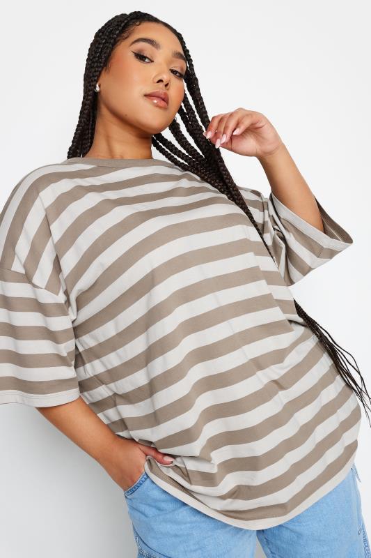 Yours YOURS Curve Mocha Brown Stripe Boxy T-Shirt