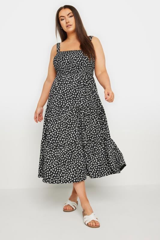 Yours YOURS Curve Black Floral Print Textured Midaxi Dress