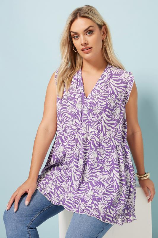 Yours YOURS Curve Purple Palm Print Frill Hem Top