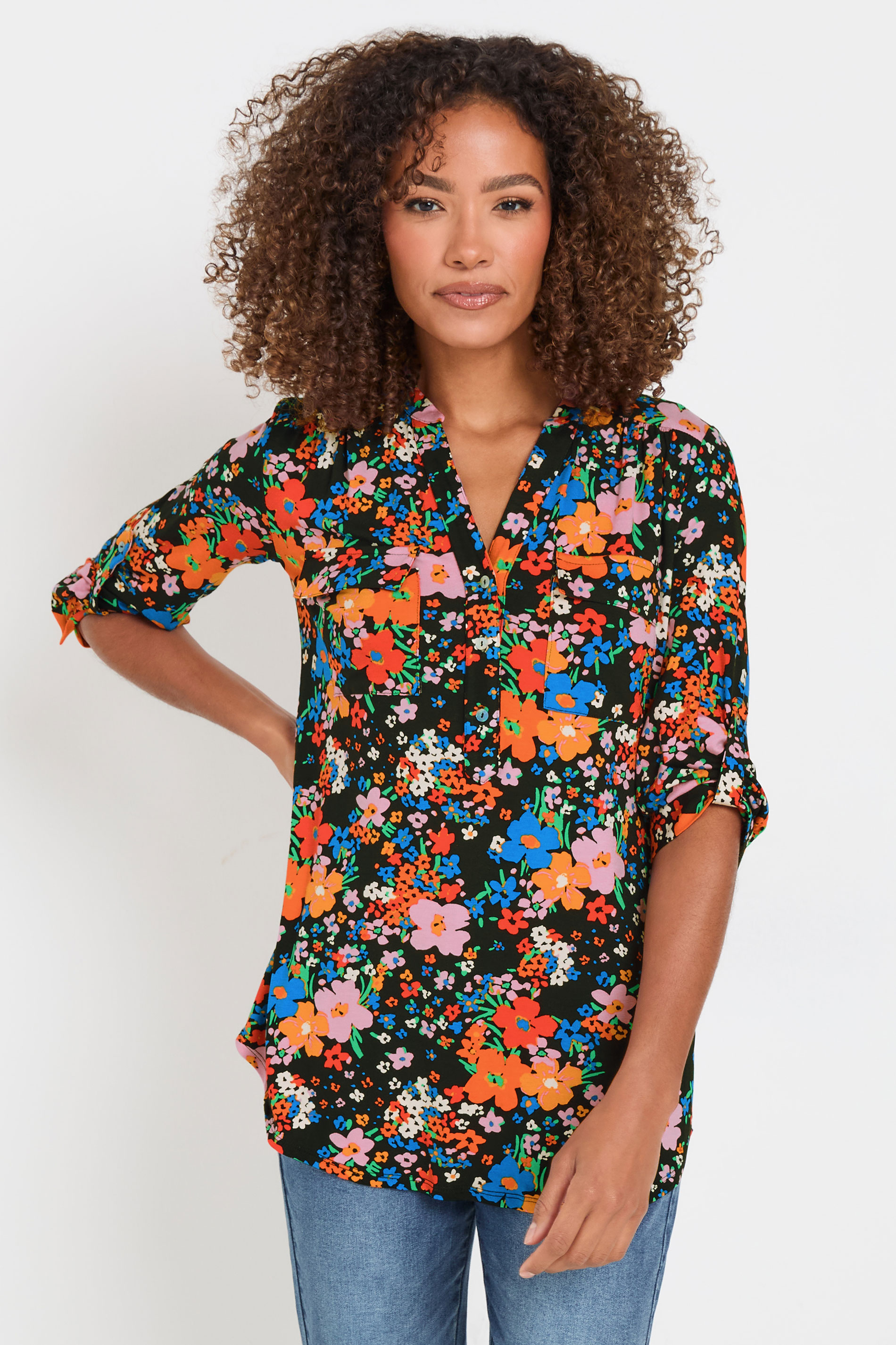 M&Co Womens M&Co Black & Pink Floral Print Half Placket Blouse