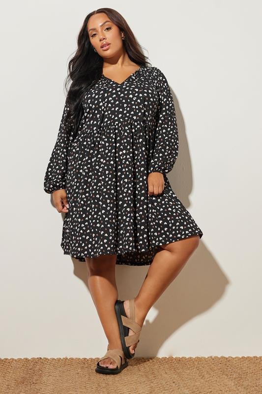 Yours YOURS Curve Black Heart Print Tie Neck Dress