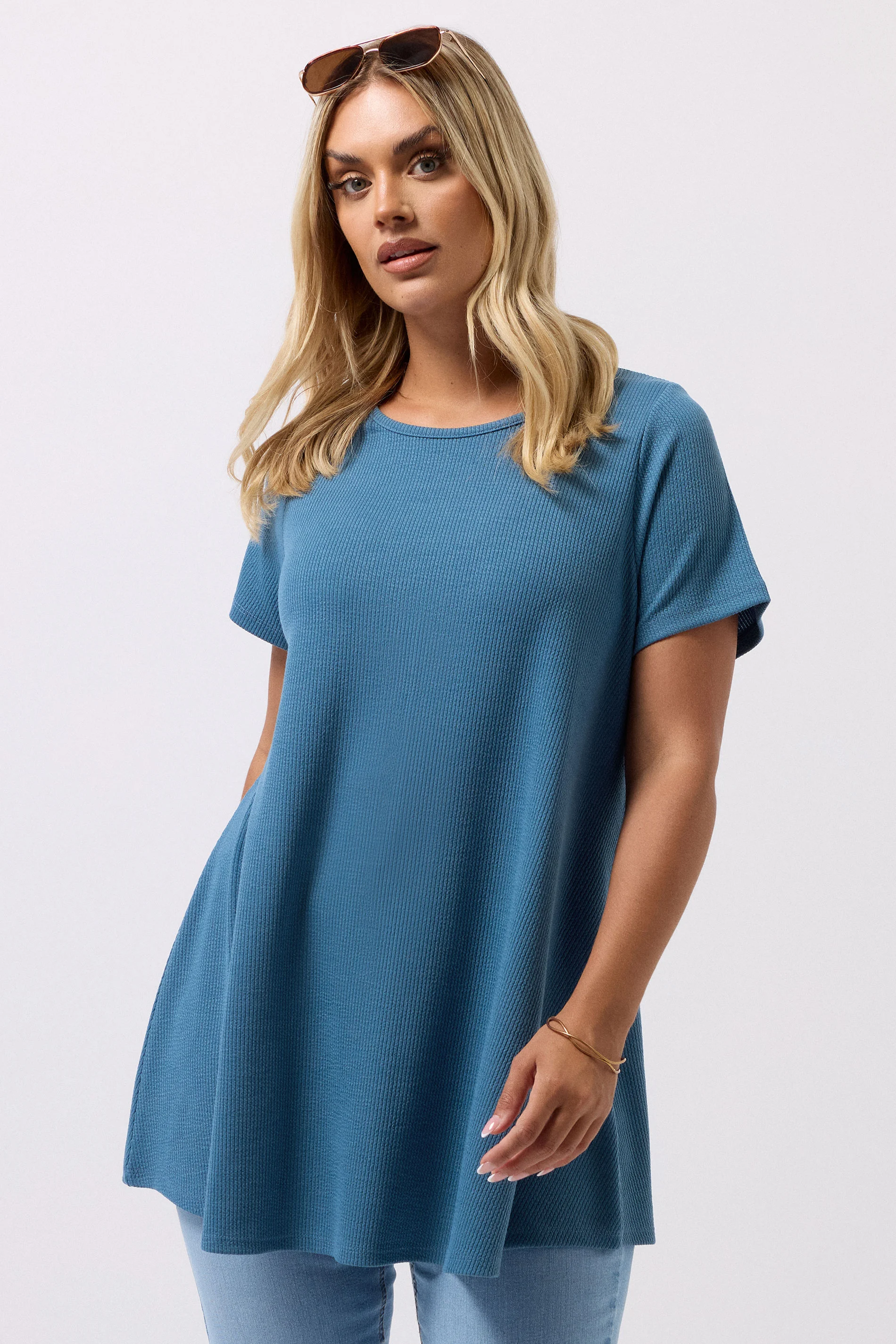 Yours YOURS Curve Blue Ribbed Soft Touch T-Shirt