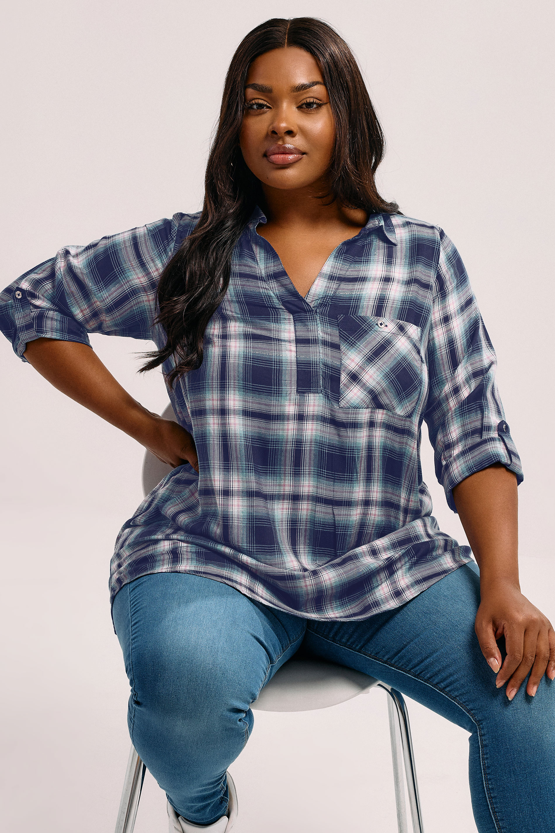 Yours YOURS Curve Navy Blue Check Overhead Shirt