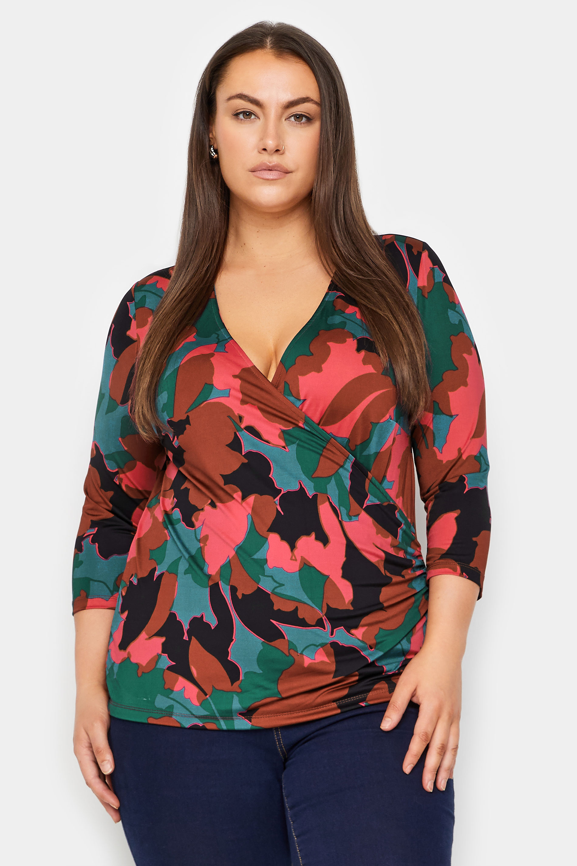 Evans Evans Brown & Red Abstract Print Wrap Top