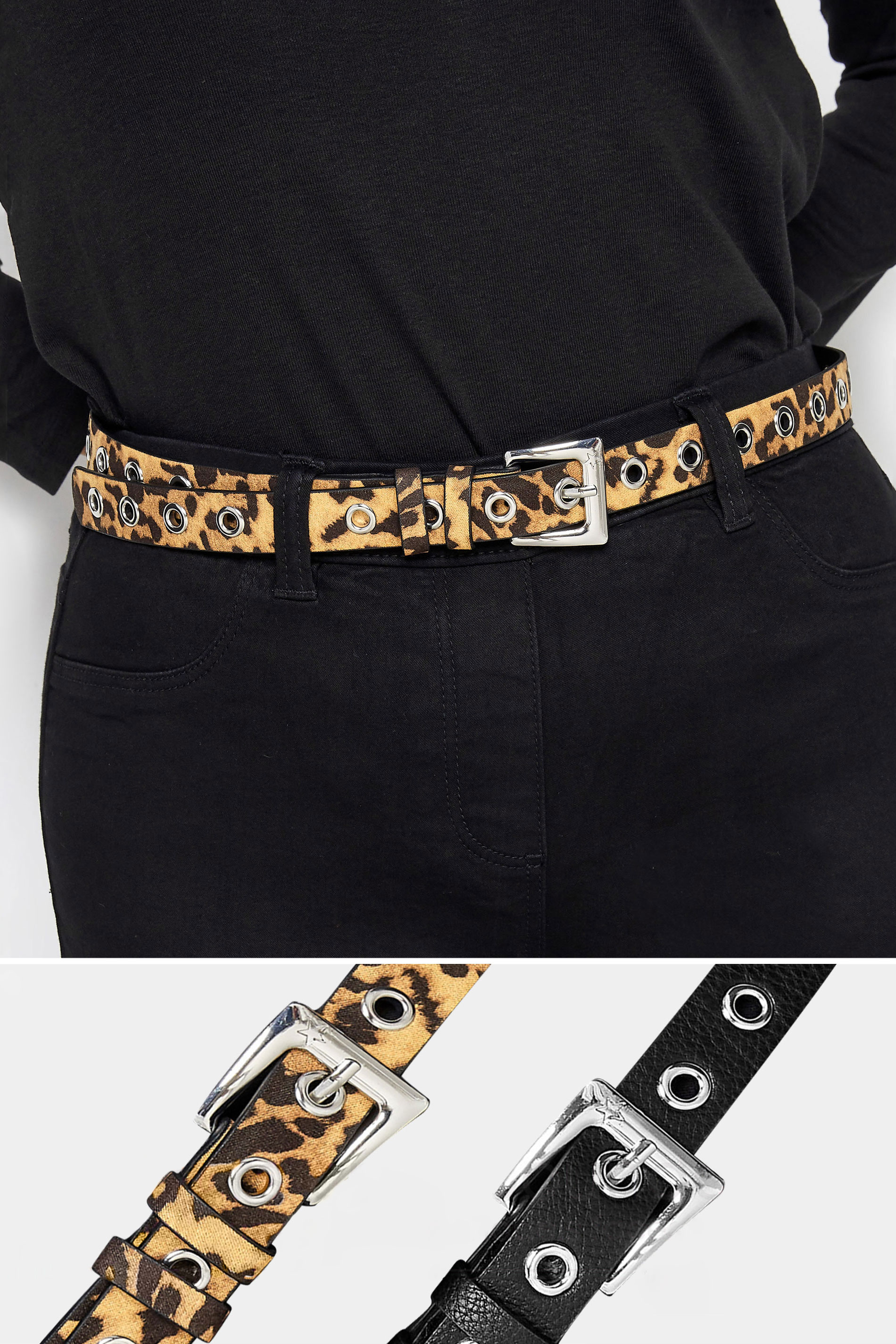 Yours 2 PACK Black & Beige Brown Animal Print Eyelet Detail Belts