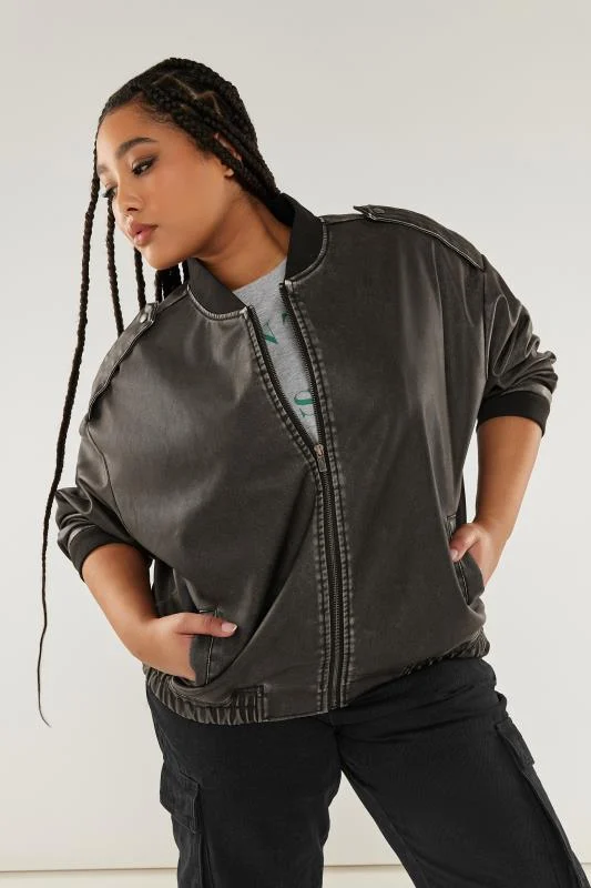 Yours YOURS Curve Grey Washed Faux Leather Bomber Jacket