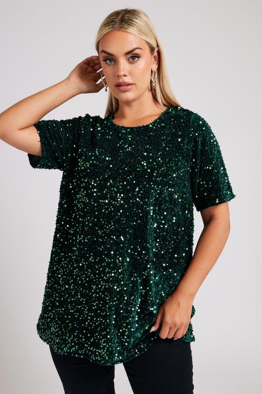 Yours London YOURS LONDON Curve Emerald Green Velvet Sequin Top