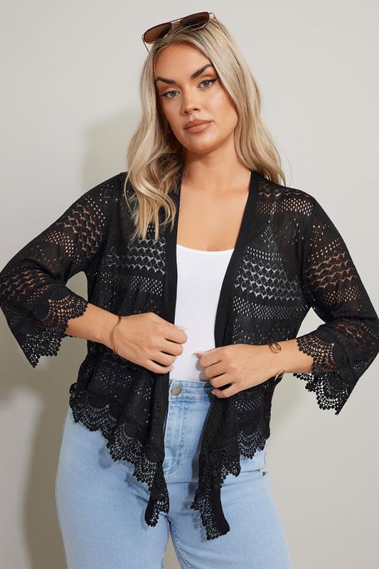 Yours YOURS Curve Black Crochet Waterfall Cardigan