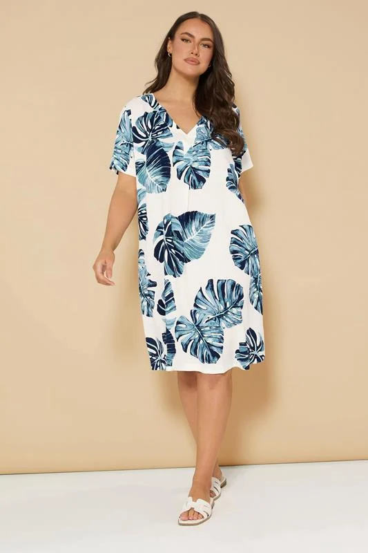 Yours YOURS Curve White & Blue Palm Leaf Pleat Front Tunic Dress