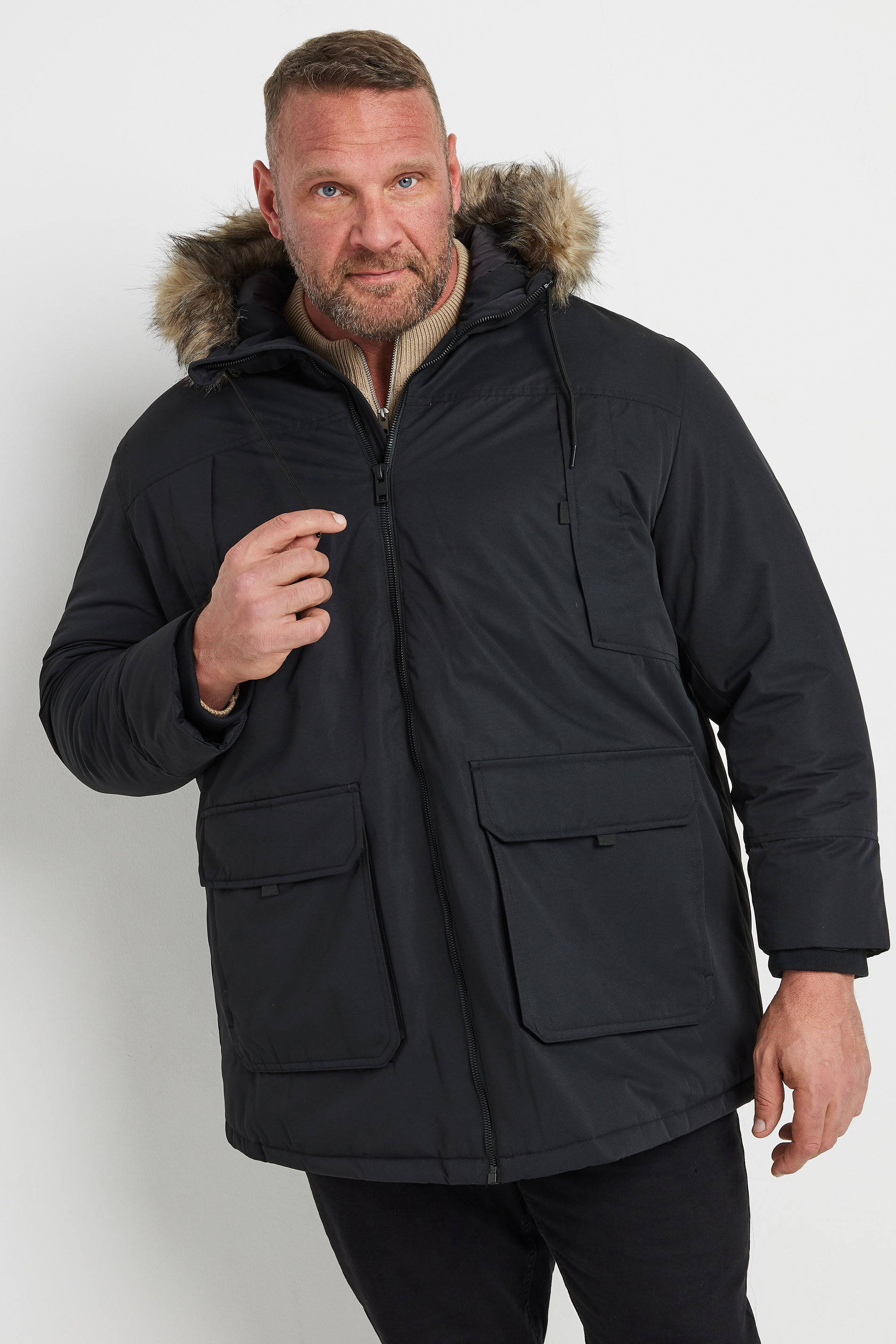 Jack & Jones JACK & JONES Big & Tall Black Faux Fur Hooded Parka Jacket