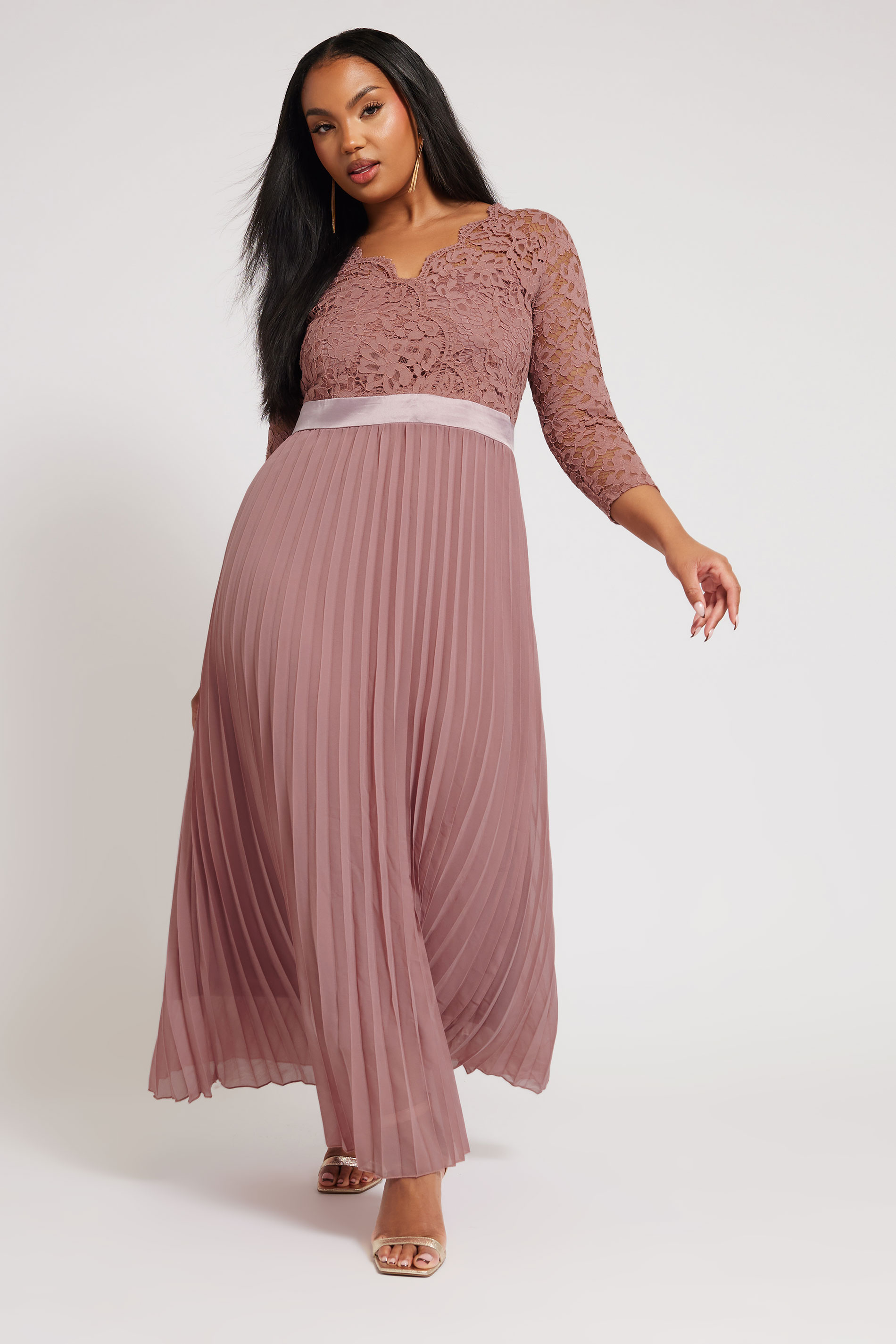 Yours London YOURS LONDON Curve Blush Pink Lace Pleated Maxi Dress