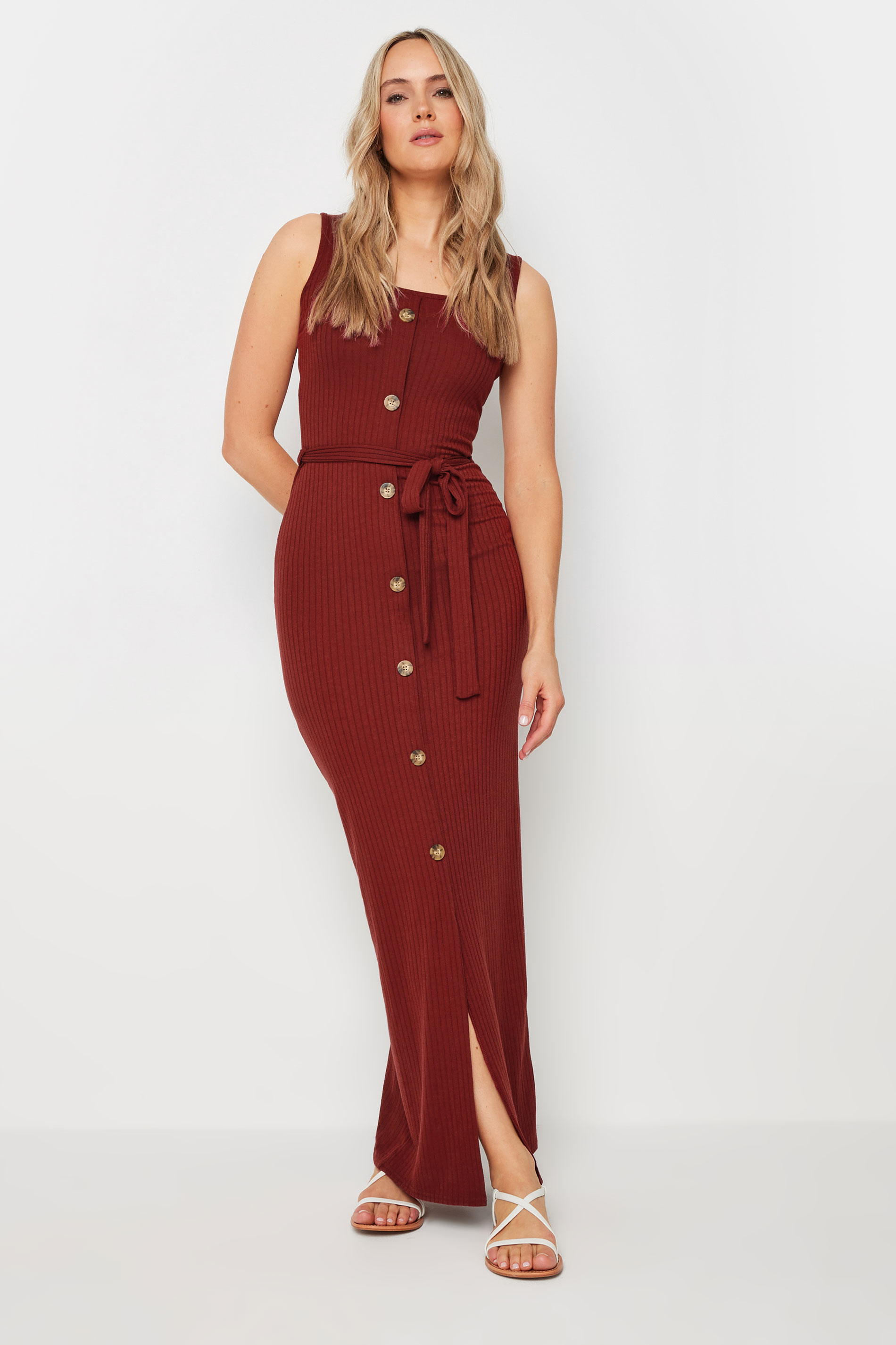 LTS LTS Tall Red Ribbed Button Through Maxi Dress