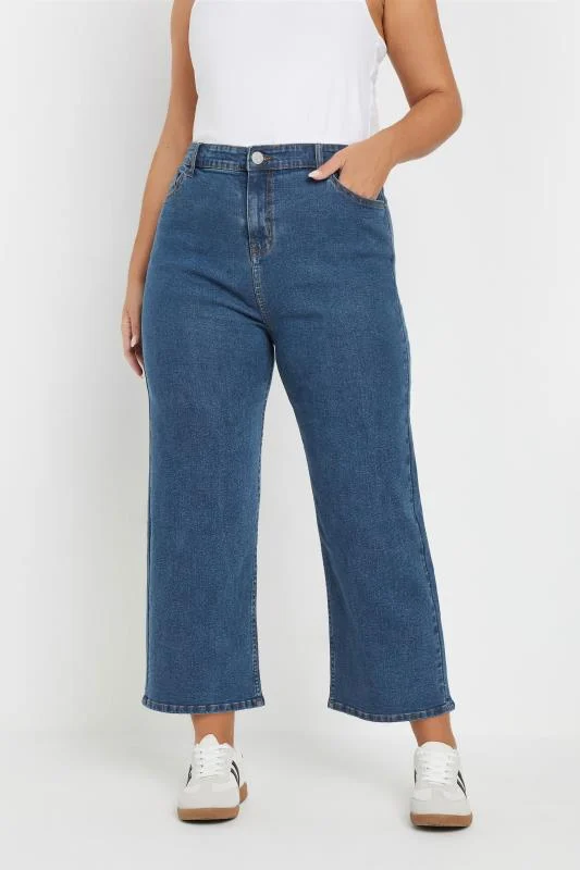 Yours YOURS Curve Mid Blue Wide Leg Cropped Denim Jeans