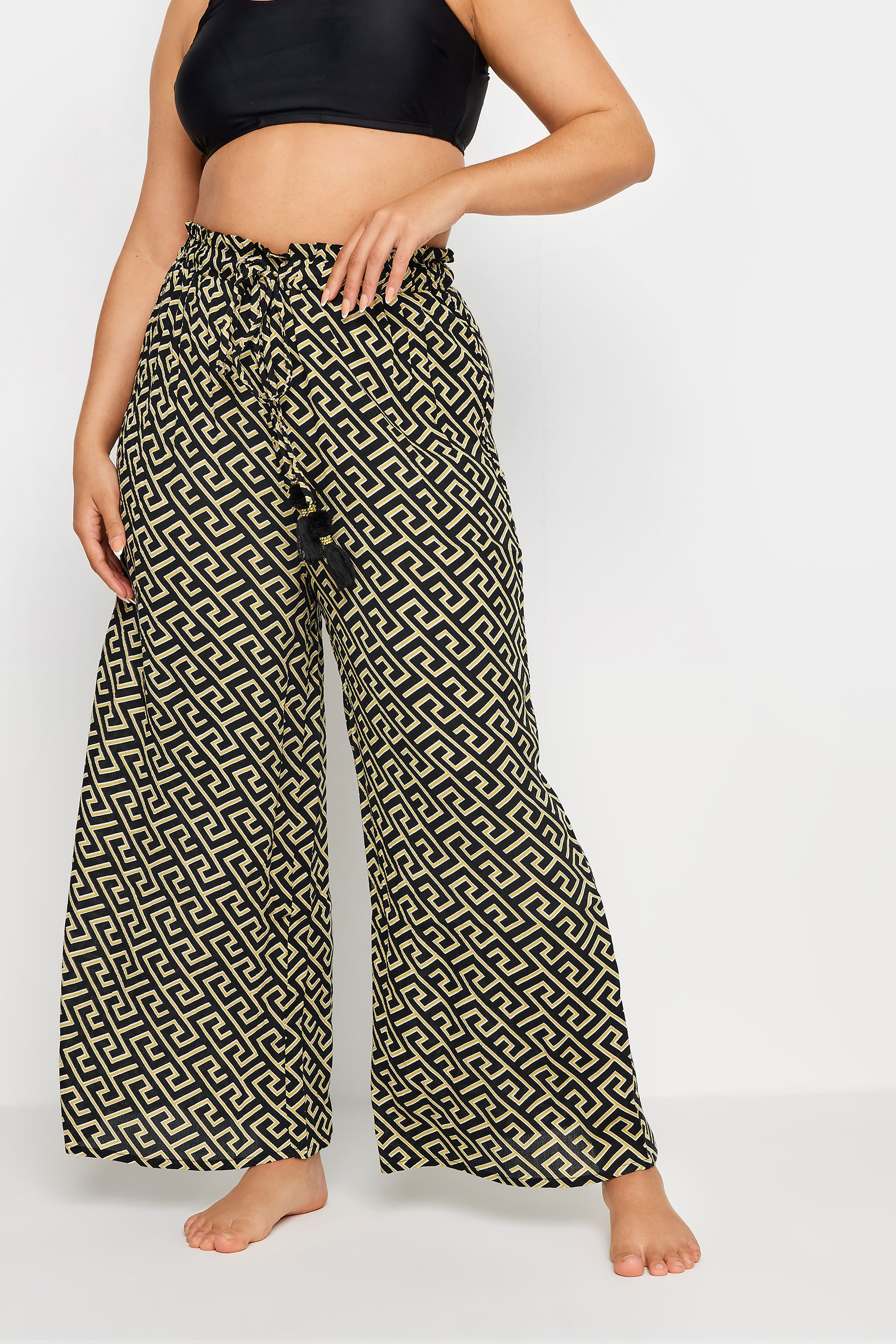 Yours YOURS Curve Black Geometric Print Tassel Trousers