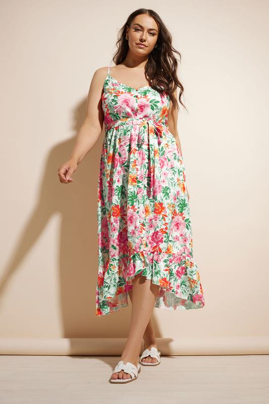 Yours YOURS Curve Green & Pink Floral Print Frill Hem Dress