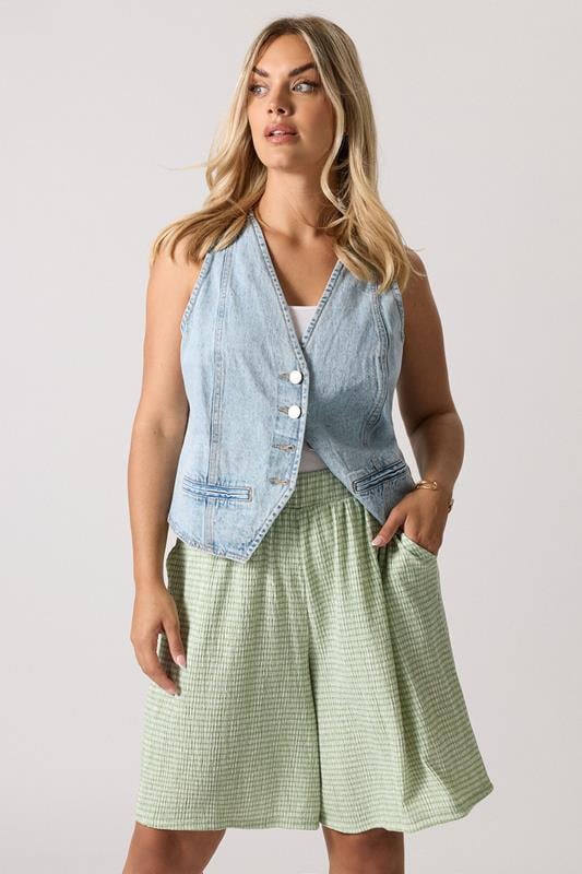 Yours YOURS Curve Sage Green Gingham Textured Shorts