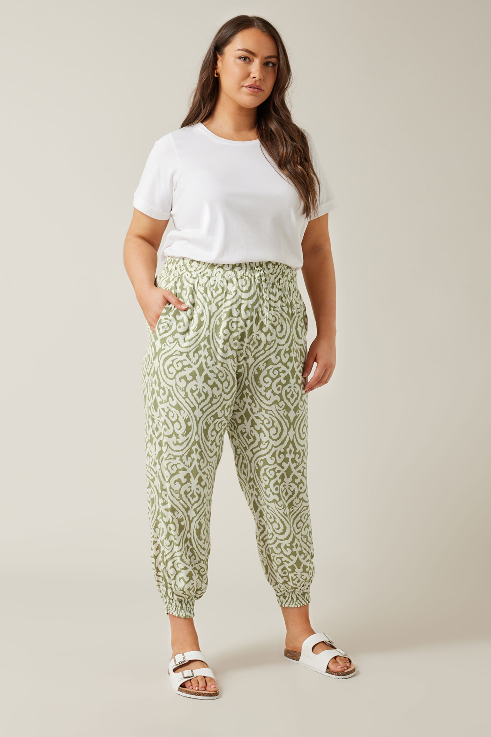 Evans EVANS Curve Green Ikat Print Cuffed Harem Trousers