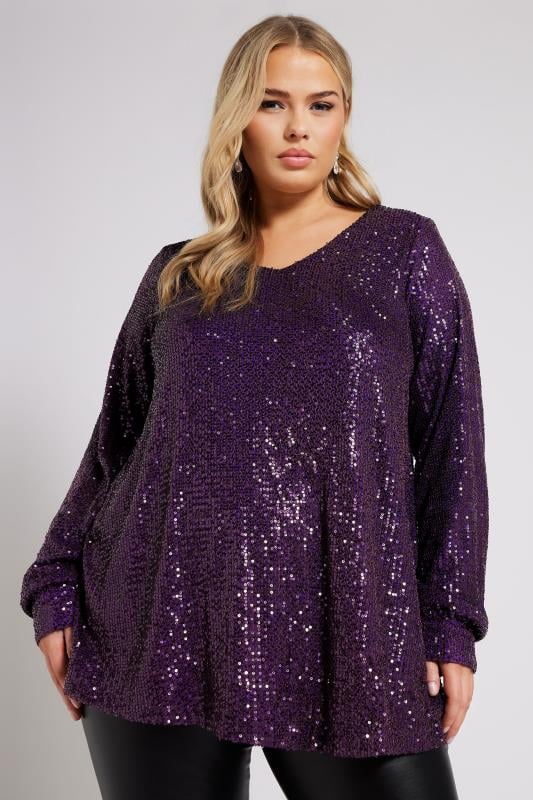 Yours London YOURS LONDON Curve Purple Sequin V-Neck Top