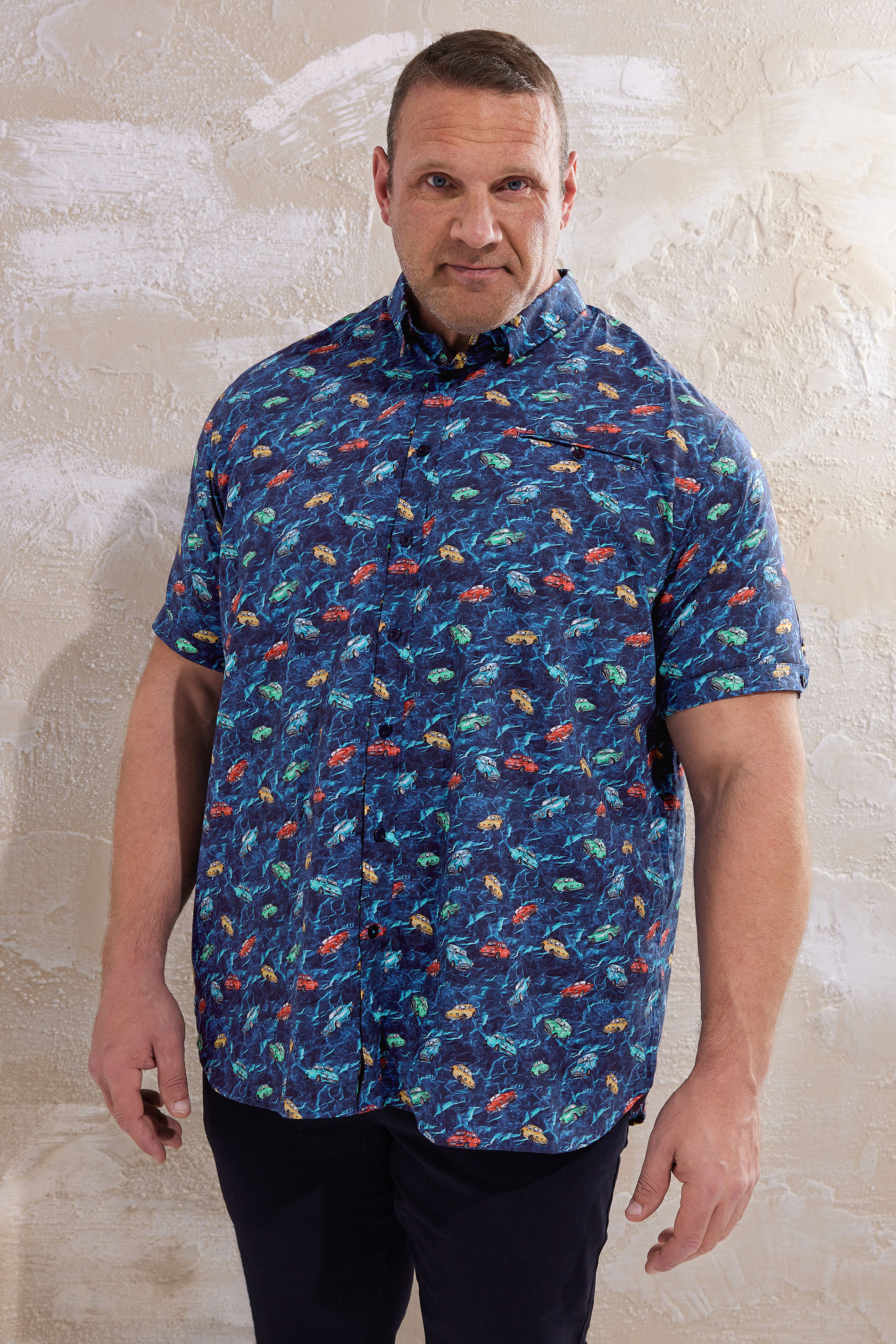 D555 D555 Big & Tall Navy Blue Vintage Car Print Shirt