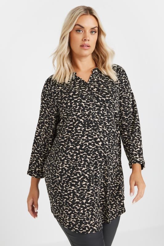 Yours YOURS Curve Black & Natural Brown Animal Print Button Shirt