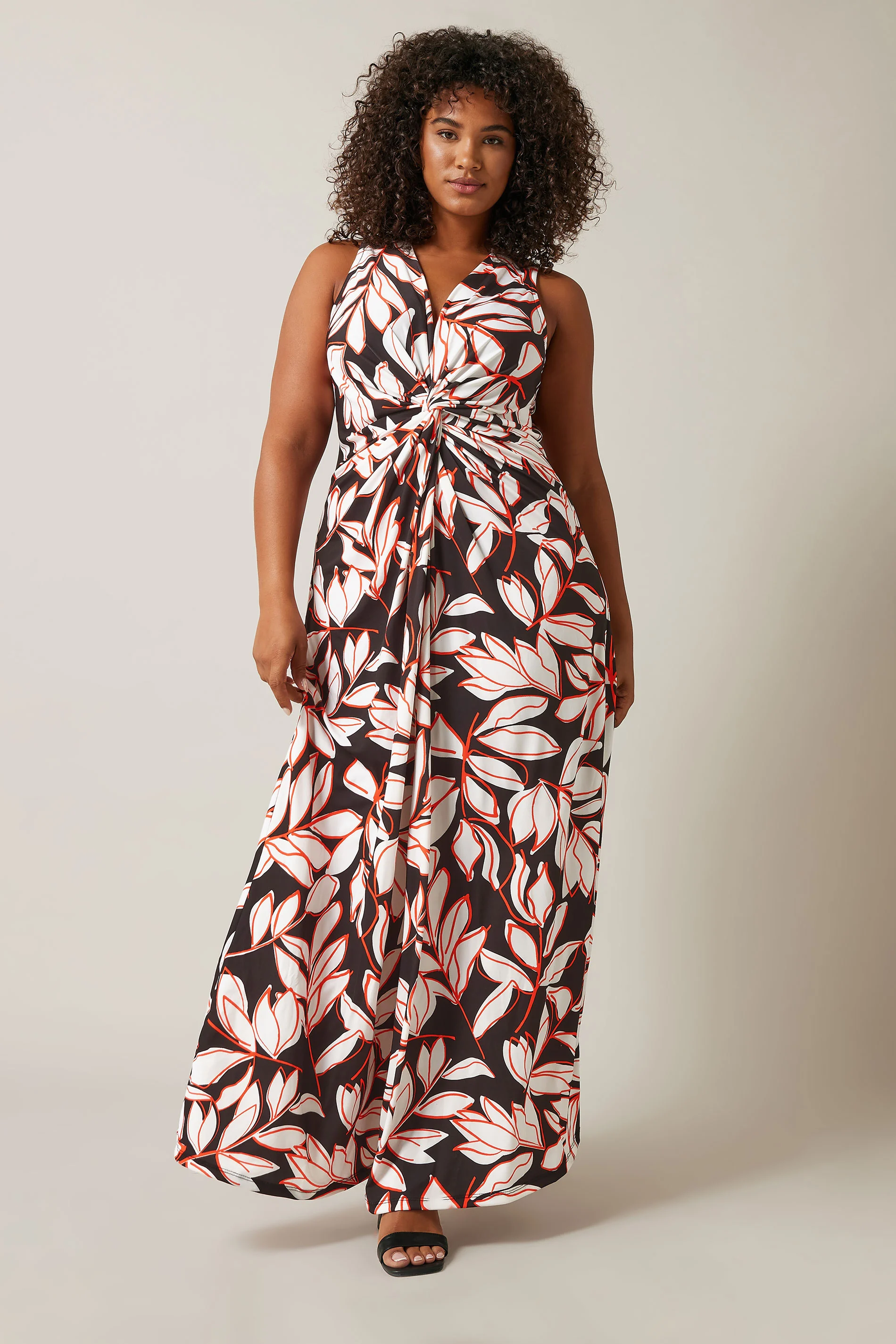 Evans EVANS Curve Black Floral Print Knot Front Maxi Dress