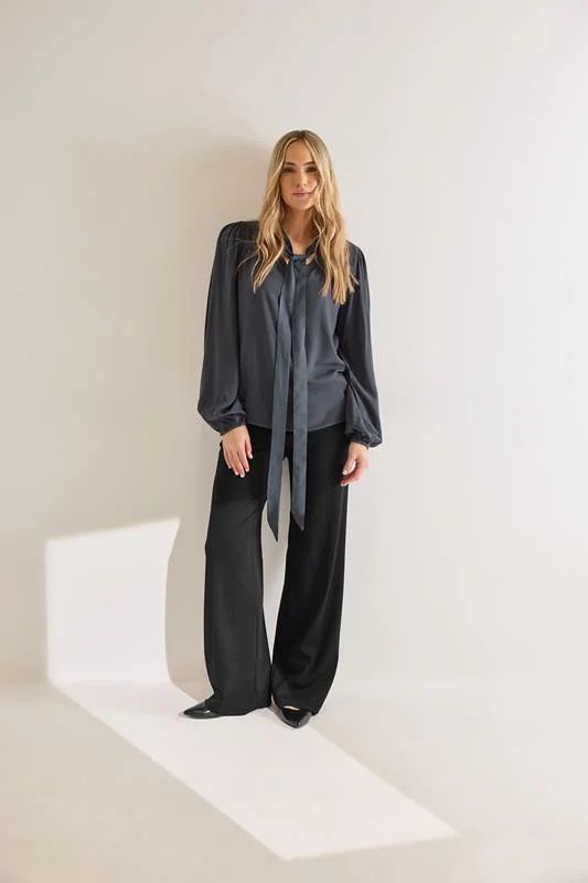LTS LTS Tall Charcoal Grey Acid Wash Tie Neck Blouse