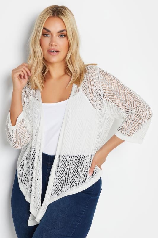 Yours YOURS Curve White Crochet Waterfall Cardigan
