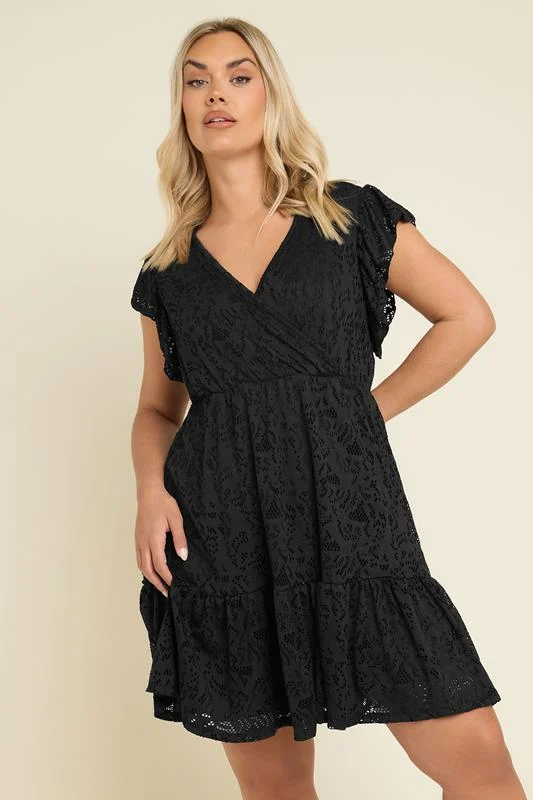 Yours YOURS Curve Black Broderie Anglaise Wrap Mini Dress