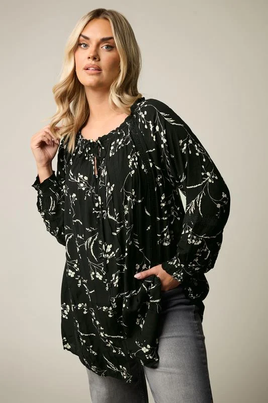 Yours YOURS Curve Black Floral Tie Neck Pintuck Top