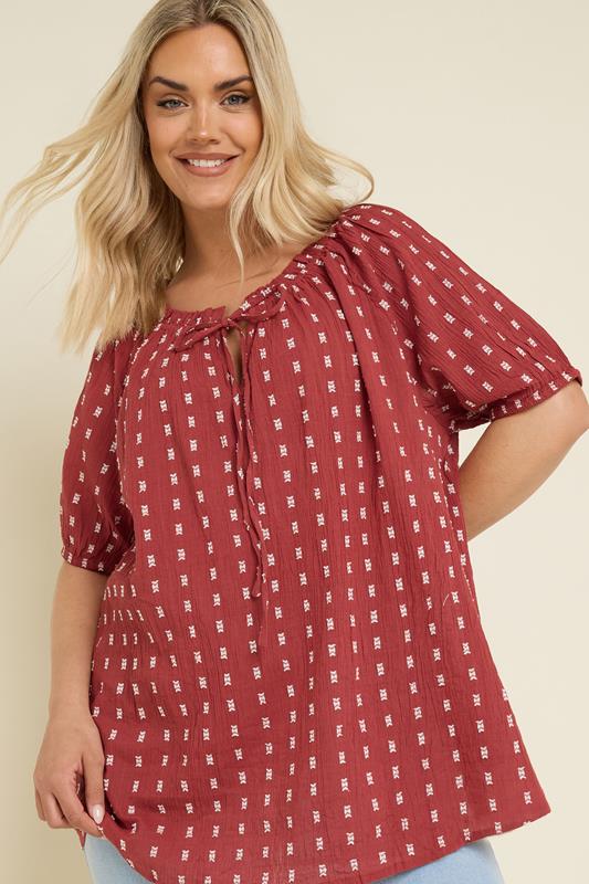 Yours YOURS Curve Rust Orange Dobby Tie Neck Top