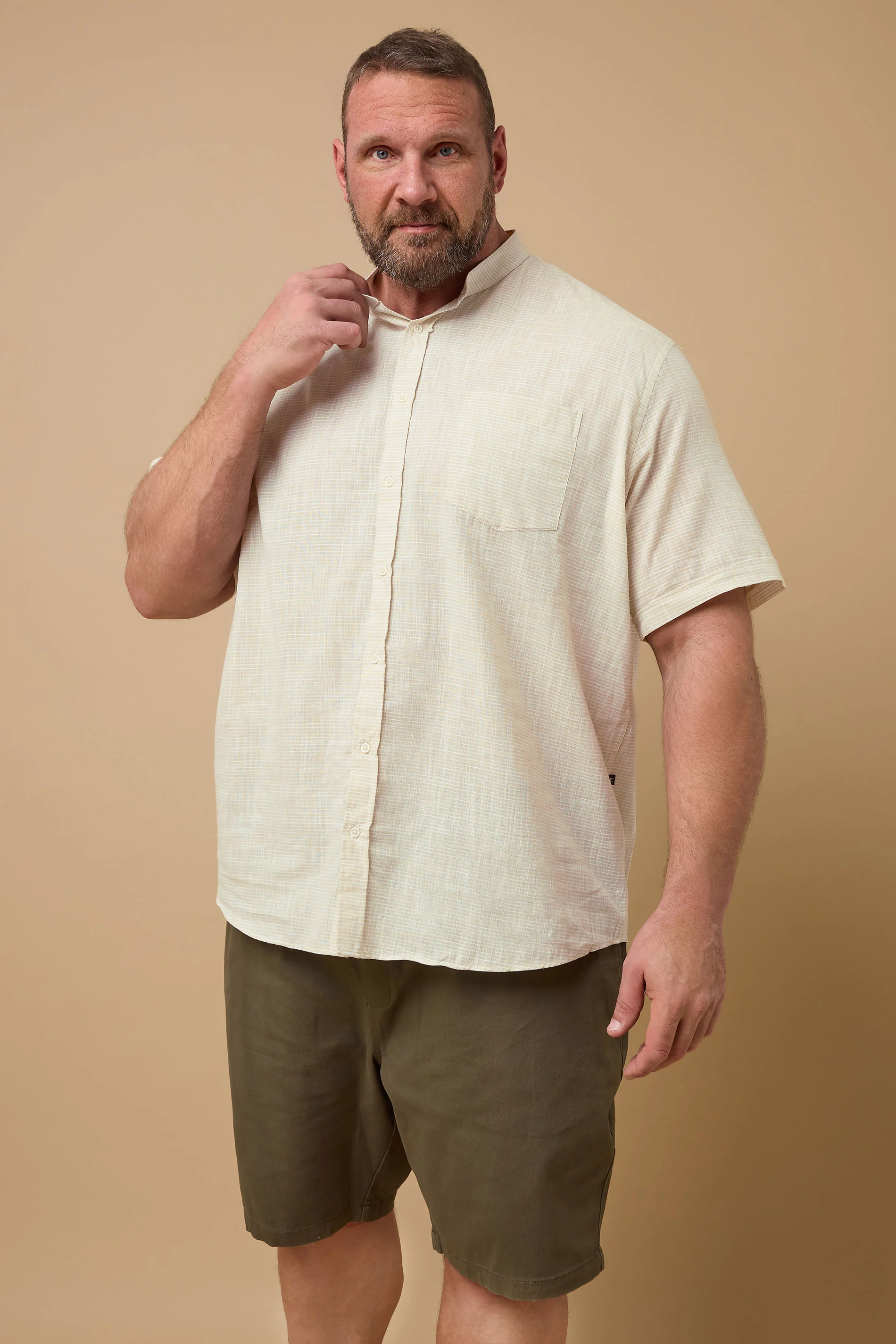 Kam KAM Big & Tall Stone Brown Stripe Grandad Collar Shirt