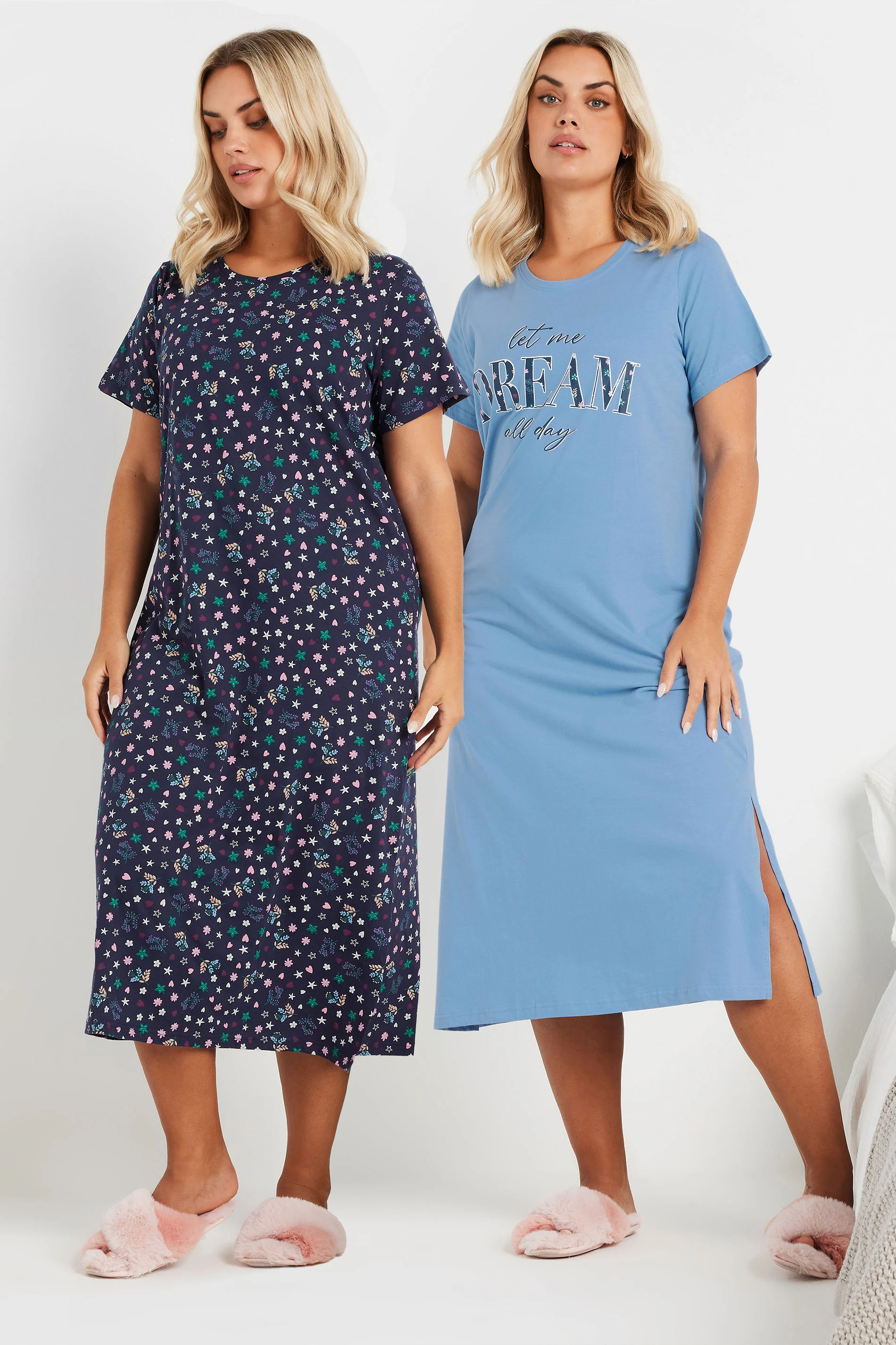 Yours YOURS Curve 2 PACK Blue 'Let Me Dream All Day' Slogan Nightdresses