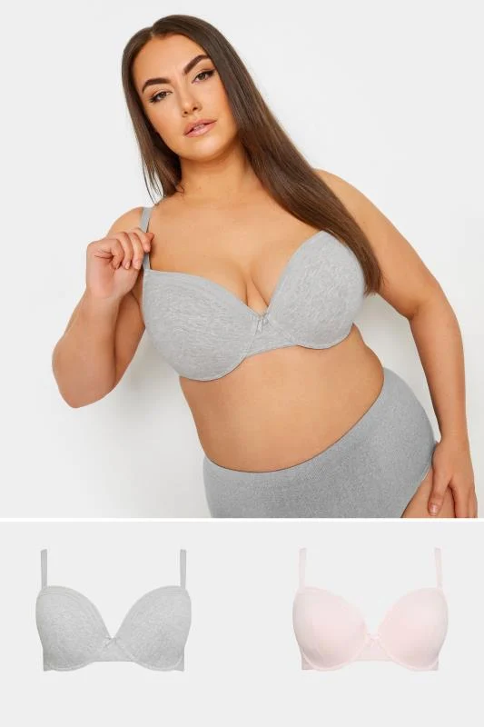 Yours YOURS 2 PACK Grey Marl & Pink Lace Trim Padded Bra