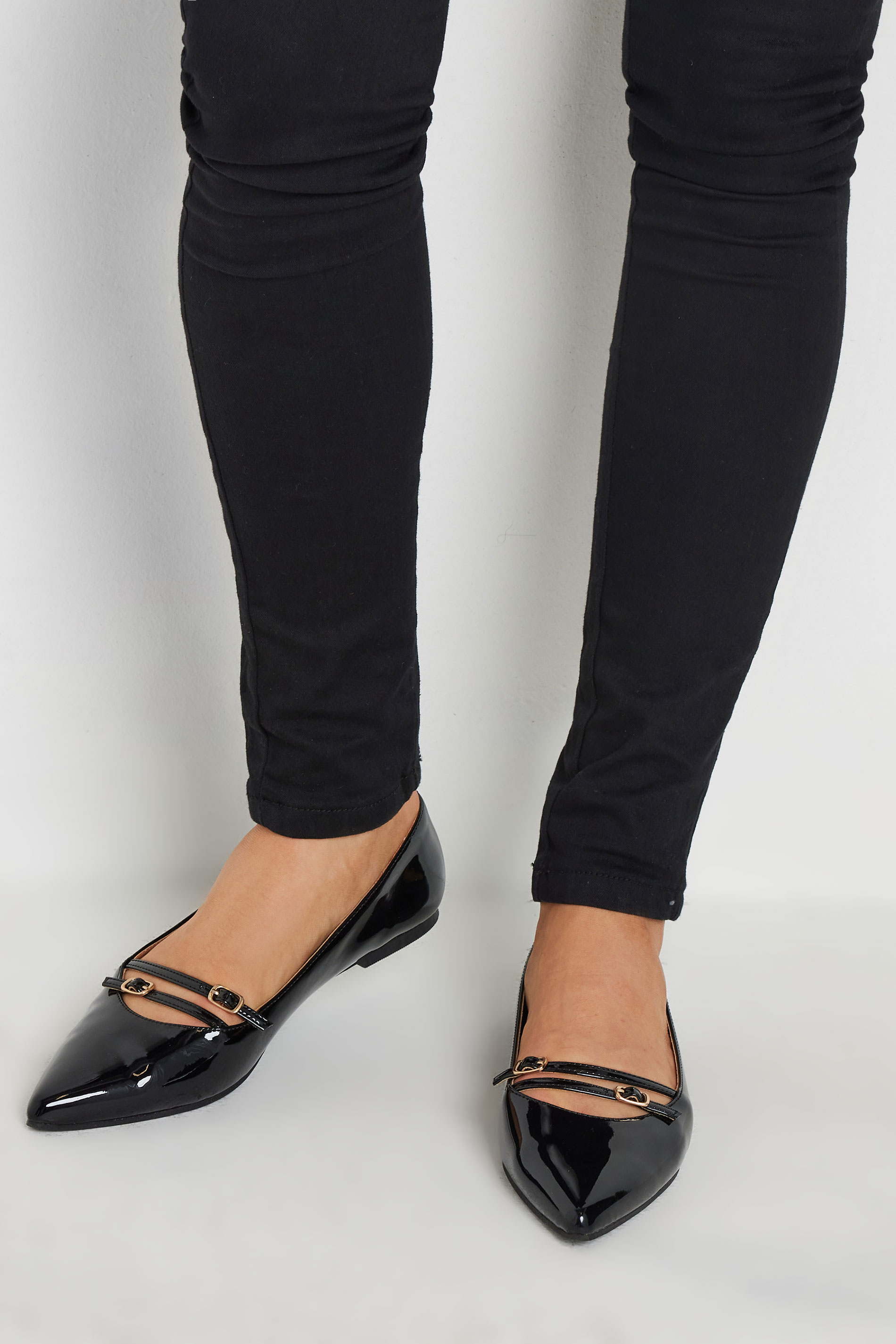 LTS LTS Black Patent Pointed Buckle Flats In Standard Fit