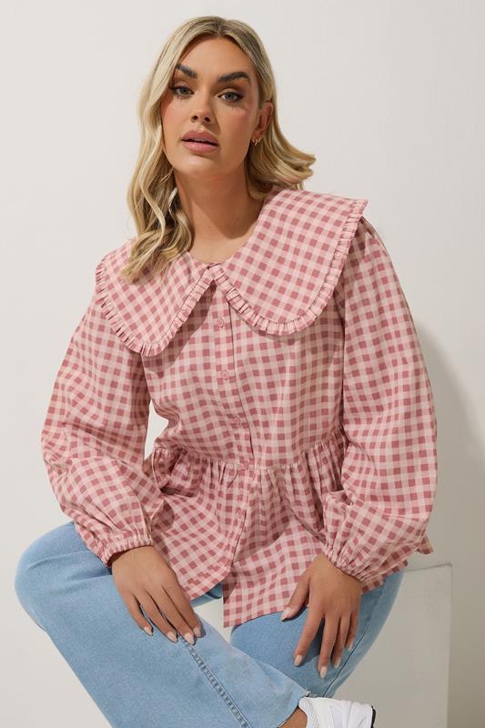Limited Collection LIMITED COLLECTION Curve Pink Gingham Oversized Collar Blouse