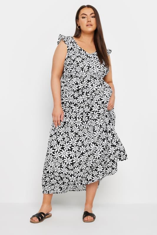 Yours YOURS Curve Black Floral Print Frill Sleeve Maxi Dress