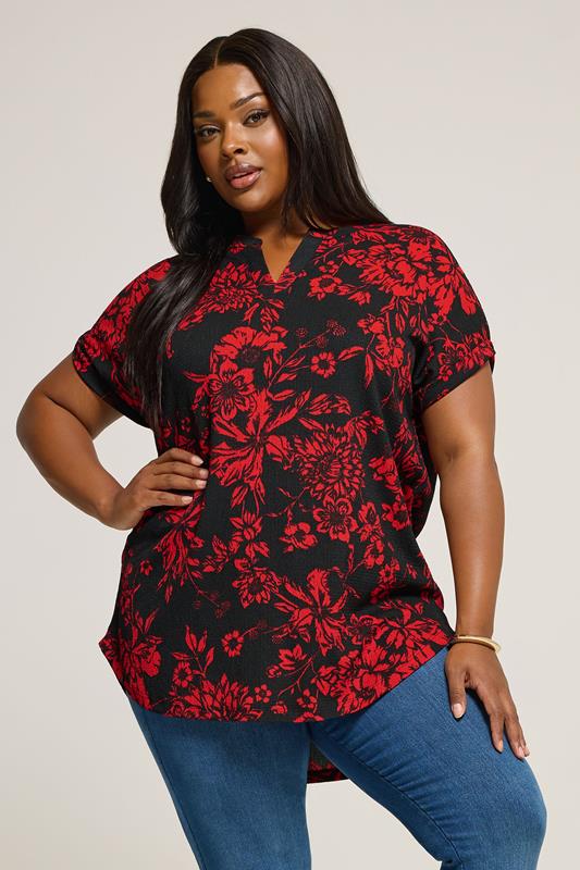 Yours YOURS Curve Black & Red Floral Textured Top