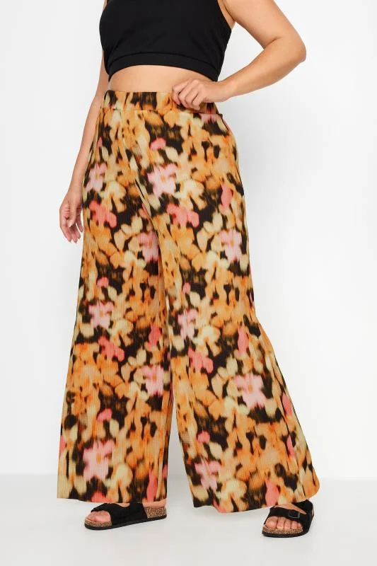 Yours YOURS Curve Orange Floral Print Textured Wide Leg Trousers
