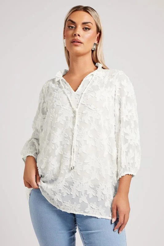Yours London YOURS LONDON Curve White Floral Burnout Tie Neck Blouse