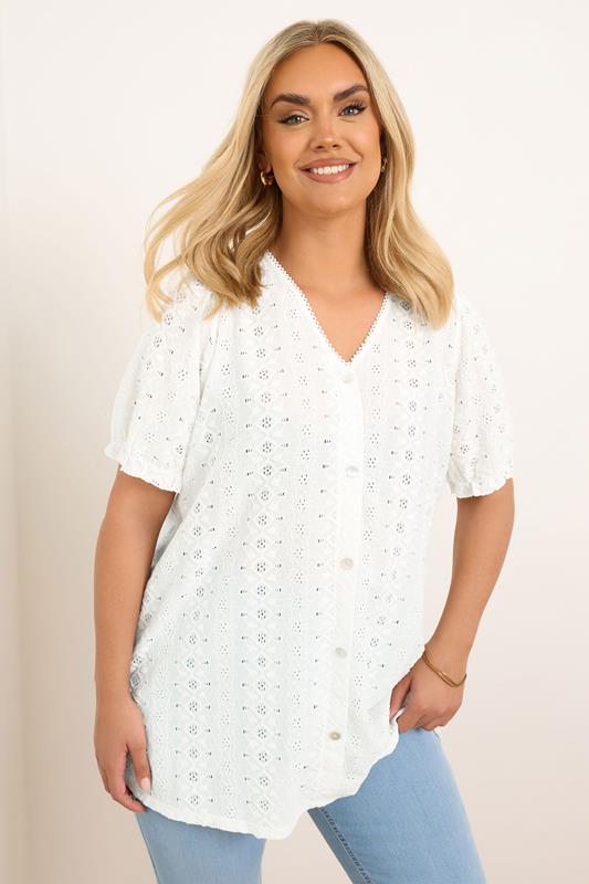 Yours YOURS Curve White Broderie Anglaise Puff Sleeve Blouse