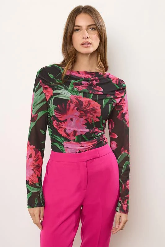 Star by Julien Macdonald STAR Black Mesh Floral Cowl Neck Top