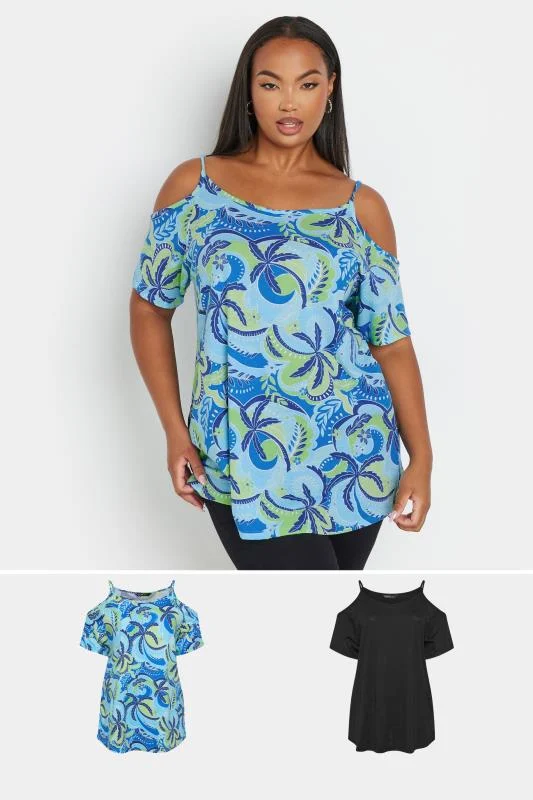 Yours YOURS Curve 2 PACK Blue & Black Swirl Print Cold Shoulder Tops