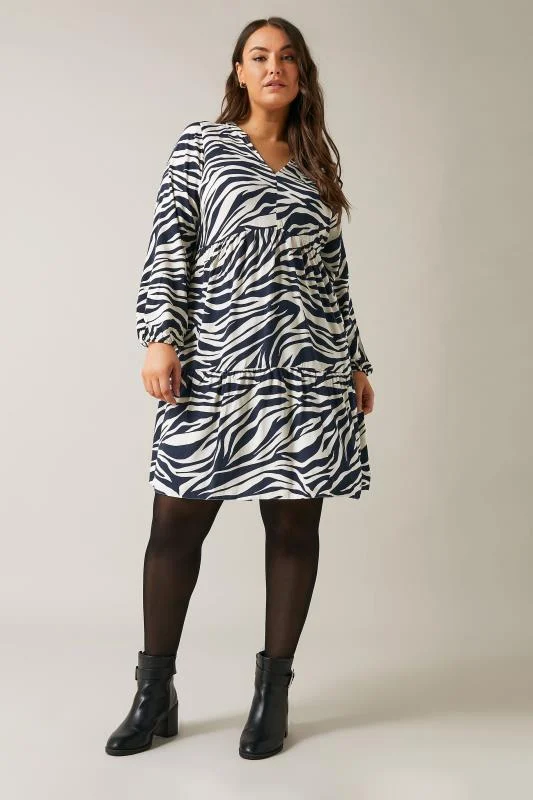 Evans EVANS Curve Navy Blue Tiered Zebra Print Dress